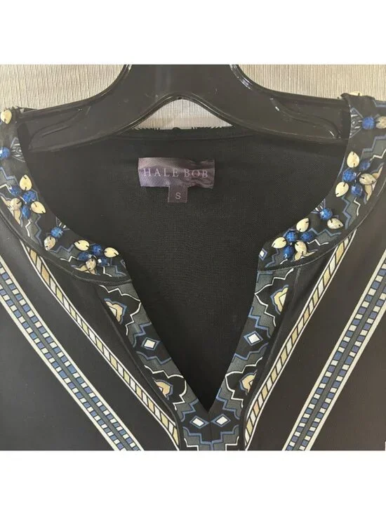 Hale Bob S Beaded Geometric Print Long Sleeve V-Neck Black Tunic Dress - Picture 3 of 6